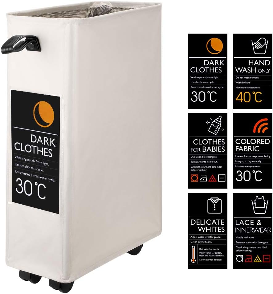 IHOMAGIC Foldable Laundry Basket On Wheels, Slim Laundry Bin with Coriaceous Handle, Flexible Corner Storage Hamper Bins with 6 Cards, Collapsible Rolling Laundry Hamper. L39 xW19 xH58cm (Slim, Beige)