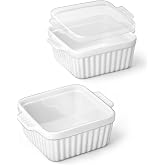 MALACASA Baking Dishes for Oven, Small Ceramic Baking Dishes with Silicone Lids for Individual Portions 5.5" x 5.5" Square Casserole Dishes Set of 2 Oven Microwave, and Air Fryer Safe, White