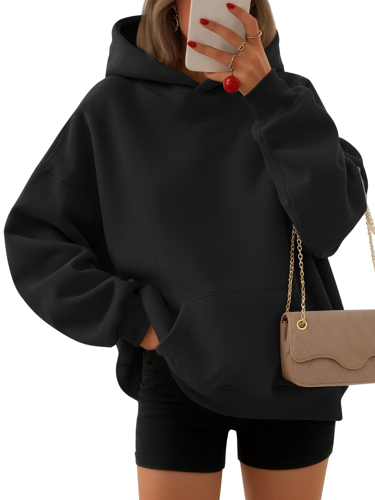 EFAN Women's Oversized Fleece Hoodie, Cozy Plush Pullover Sweatshirt with Pocket Black 2XL Image