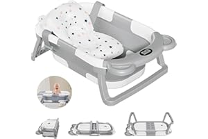 DAOLUAN Foldable Baby Bathtub with Cushion & Thermometer, Portable Travel Baby Bathtub with Drain Hole, Durable Foldable Bath Tub for Newborn Infant Baby 0-36 Months (Grey)