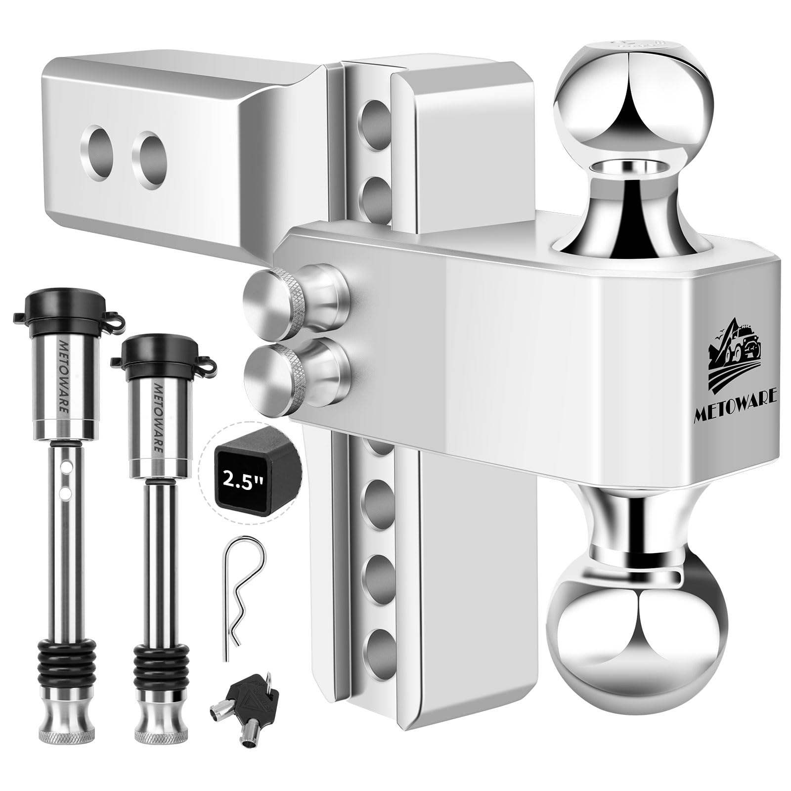 Photo 1 of METOWARE Adjustable Trailer Hitch - Aluminum Drop Hitch Fits 2.5-Inch Receiver - Heavy Duty Tow Hitch with 6-Inch Drop/Rise for Truck (18,000 LBS GTW), Double Stainless Steel Locks & Hitch Pin