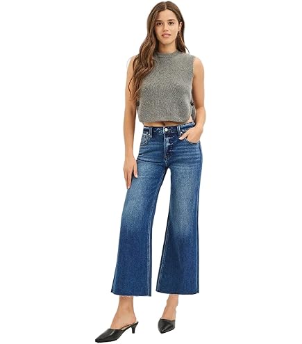 Risen Jeans - Mid Rise Raw Hem Wide Leg Cropped Jeans - (27