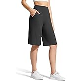 G4Free Ribbed Women's 11" Bermuda Shorts with Pockets High Waisted Knee Length Long Shorts Casual Workout