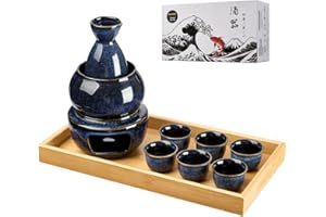 DUJUST 10 pcs Japanese Sake Set for 6, Kiln Altered Glaze Porcelain Sake Set, 6 Sake Cups, 1 Sake Bottle, 1 Warmer, 1 Candle 