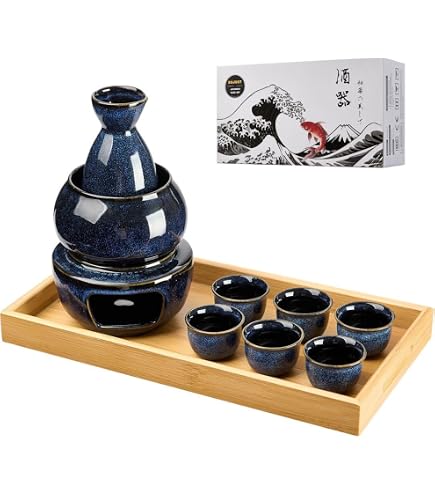 Service à Saké Japonais En Porcelaine Peinte à La Main - 1 Pot Et 4 Tasses - Cadeau élégant Bleu