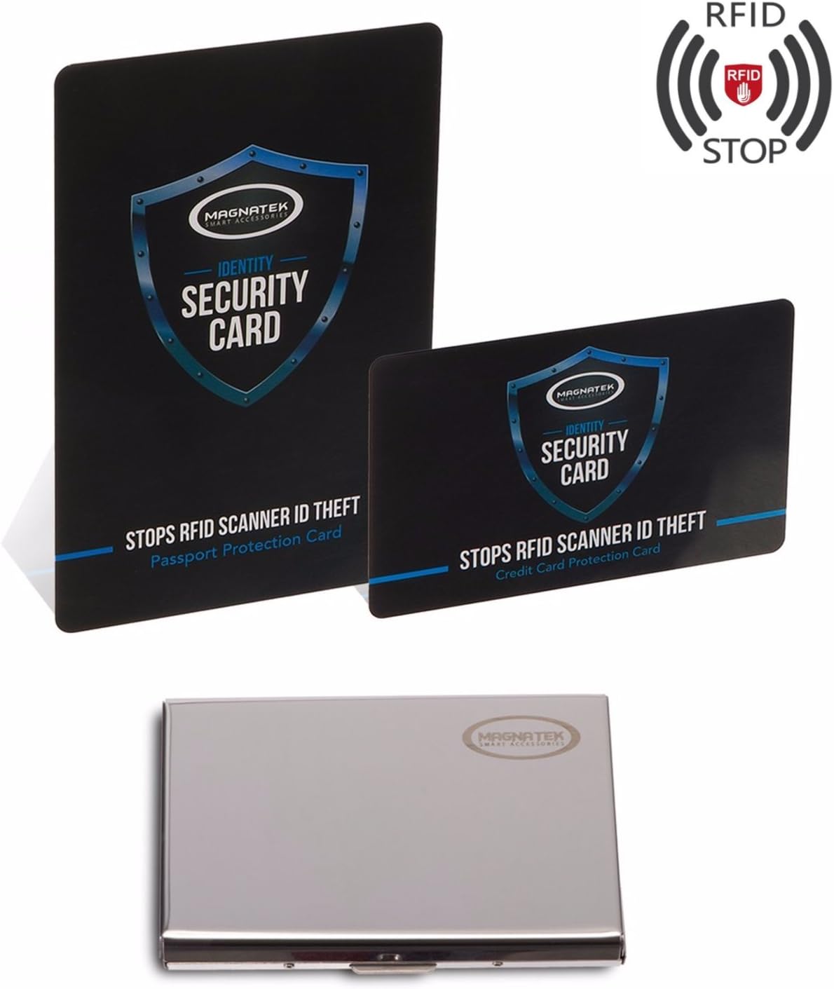 Magnatek RFID Blocking Stainless Steel Card Holder Wallet Plus (one) Credit Card Protector Plus (one) Passport Card Protector Designed to Keep You Safe from Cyber Scammers