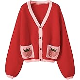 SHENHE Women's Kawaii Strawberry Pattern Cardigan Long Sleeve Open Front Casual Fall Sweater