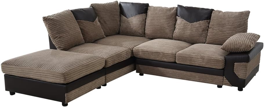 MissSnower Faux Leather & Fabric Corner Sofa Settee in Brown & Beige with A Large Footstool - Left Hand Side