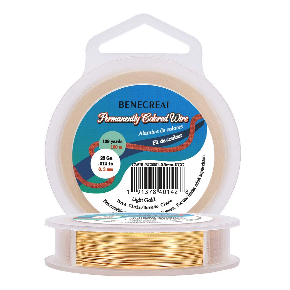BENECREAT 28Gauge(0.3mm) Tarnish Resistant Light Gold Wire Jewellery Making Copper Wire, 100M/109Yard