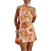 Floerns Women's One Shoulder Floral Boho Mini Dress Draped Open Back Beach Dresses with Scarf