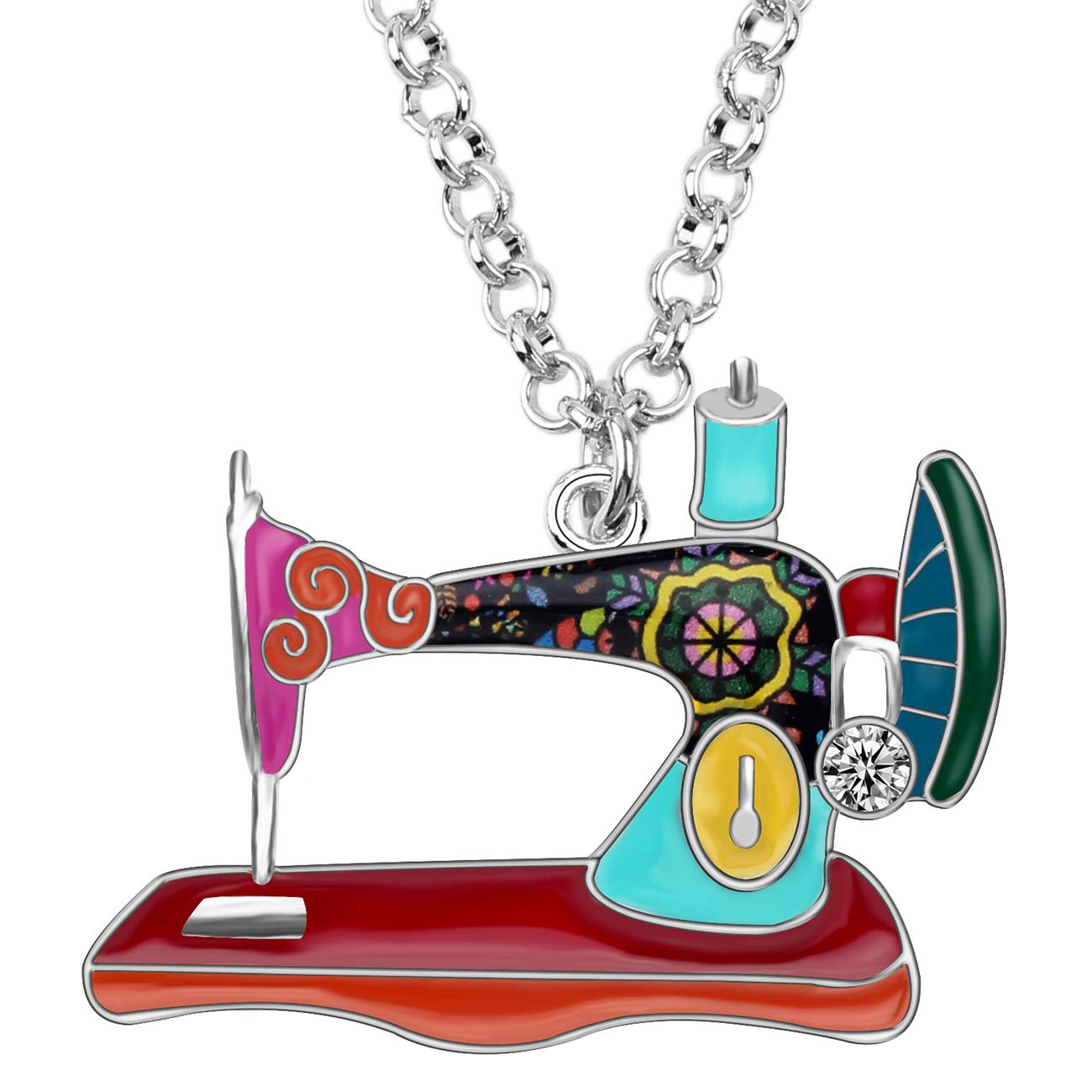 BONSNY Statement Enamel Rhinestone Chain Sewing Machine Necklaces Pendant Original Design for Women Girls Jewelry (Multicolor) — image 1