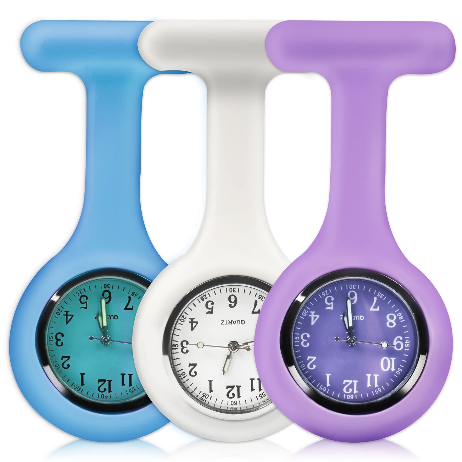 SibyTech Set of 3 Nurse Watch Brooch, Silicone with Pin/Clip, Infection Control Design, Health Care Nurse Doctor Paramedic Medical Brooch Fob Watch,Purple White and Light Blue