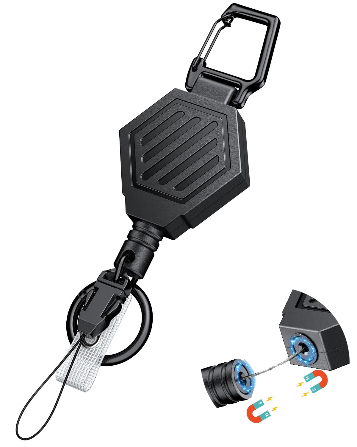 Uniclife Heavy Duty Retractable Keychain with Magnetic Closure Retractable Badge Reel for up to 0.45kg Magnetic ID Badge Holder Reel with 79cm Dyneema Cord ABS Casing Carabiner and Large Key Ring