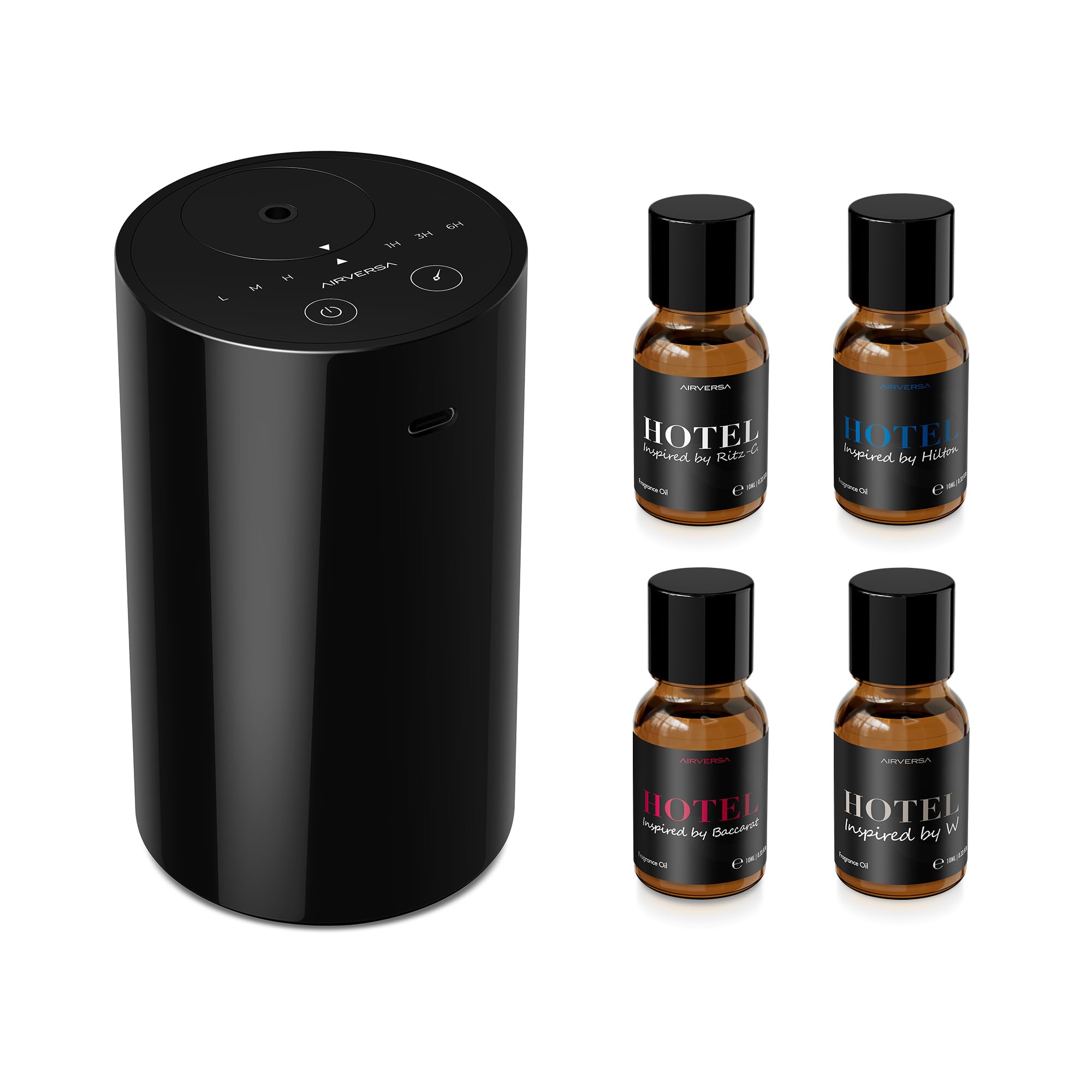 Photo 1 of ((((Spelled))))Airversa Waterless Essential Oil Diffuser Starter Kit with 4 x 10mL Hotel Scent Fragrance Oil, Battery Operated Mini Scent Air Machine Portable Diffuser for Home Car Office, AN8 Kit Black