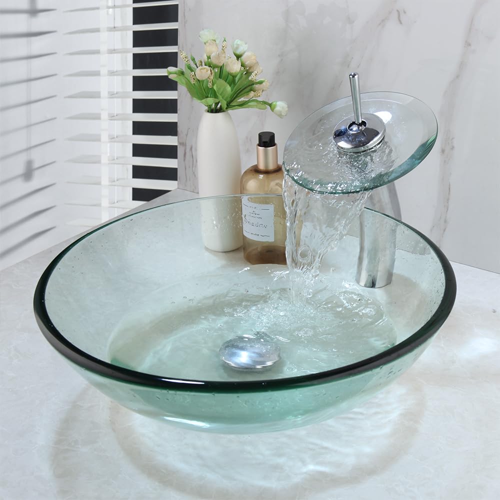 Photo 1 of GLOBAOSALU Clear Glass Vessel Sink with Chrome Faucet and Pop-Up Drain Set 17 Inch Round Bathroom Tempered Glass Basin Top Mount Transparent Bowl Sinks for Small Bathrooms