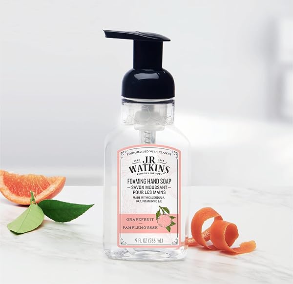J.R. WATKINS FOAMING HAND SOAP WITH PUMP DISPENSER, MOISTURIZING FOAM HAND WASH, ALCOHOL-FREE AND CRUELTY-FREE, PAMPLEMOUSSE/GRAPEFRUIT, 9 FL OZ, 3 PACK