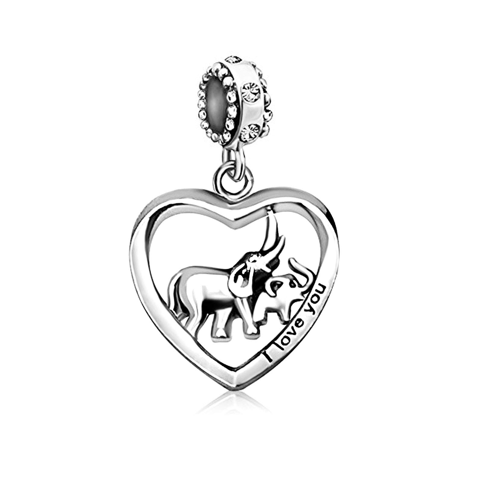 KunBead Jewelry Elephant Heart Love Charms Sale Cheap Mothers Day Birthday Dangle Mum Bead Charm for Bracelet Necklace
