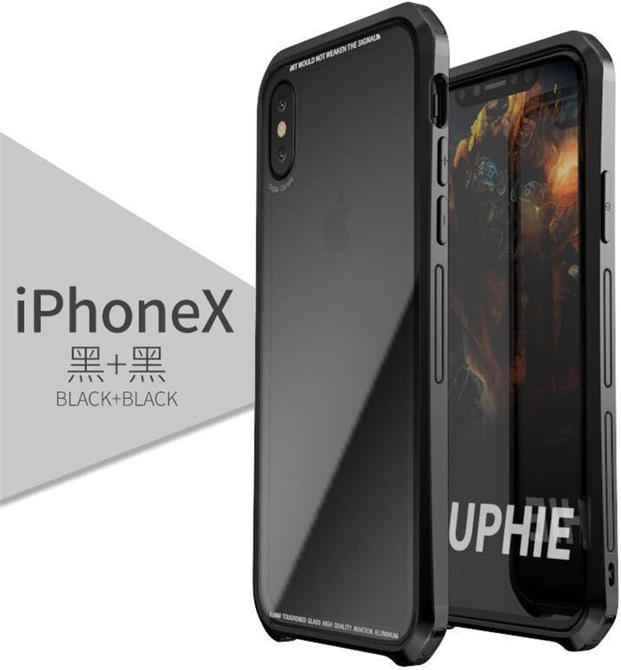 iPhone X Case, LWGON Luxury Aluminum Metal Frame + Transparent Tempered Glass PC Back Triple Cover case for iPhone X (3Glass Black)