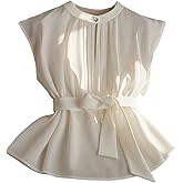 SHENHE Women's Dressy Casual Blouse Cap Sleeve Tie Waist Pleated Keyhole Top Business Shirt