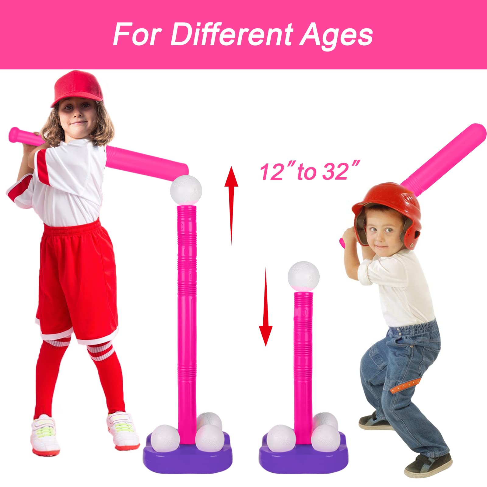 Liberry Adjustable T-Ball Set for Kids and Toddlers, Includes Kids Baseball Bat, Adjustable Height Tee Ball Stand, 4 Balls and Weighted Base, Sports Game Toy Gift for Boys Girls (Pink)