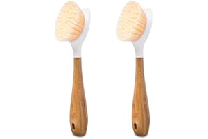 Full Circle Be Good Bamboo Handle Dish Brush–Sustainable Kitchen Cleaning with Tough Bristles-Natural Dish Scrubber, Nonstick & Cast Iron Cleaner-Long Handle Brush for Dishes, Pots, & Pans, White-2 Pk