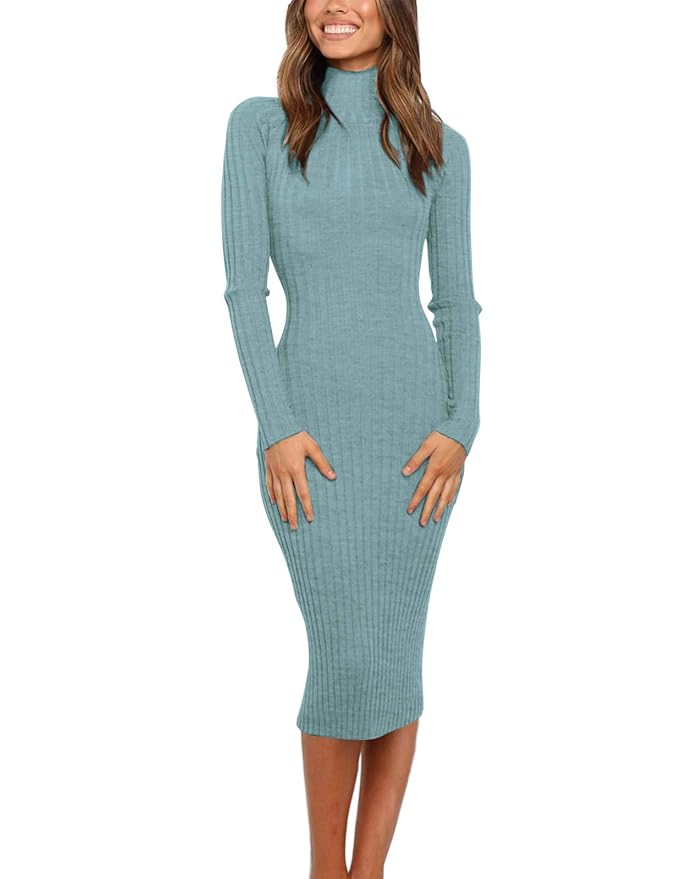 Buy MEROKEETY Women's Ribbed Long Sleeve Sweater Dress High Neck Slim