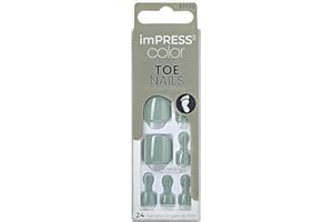 KISS imPRESS Color No Glue Pedi Press-On Toenails, Gray Green, Squoval Shape, Includes 24 Nails, Prep Pad, 1 Manicure Stick, 1 Mini File
