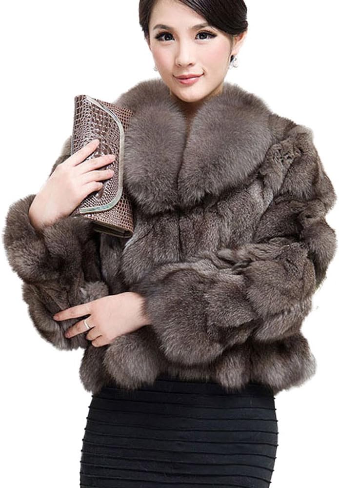 Fur Story Women's Real Fox Fur Coat with Fox Fur Collar Thick Warm Coat Full Sleeve US 6 (Khaki)