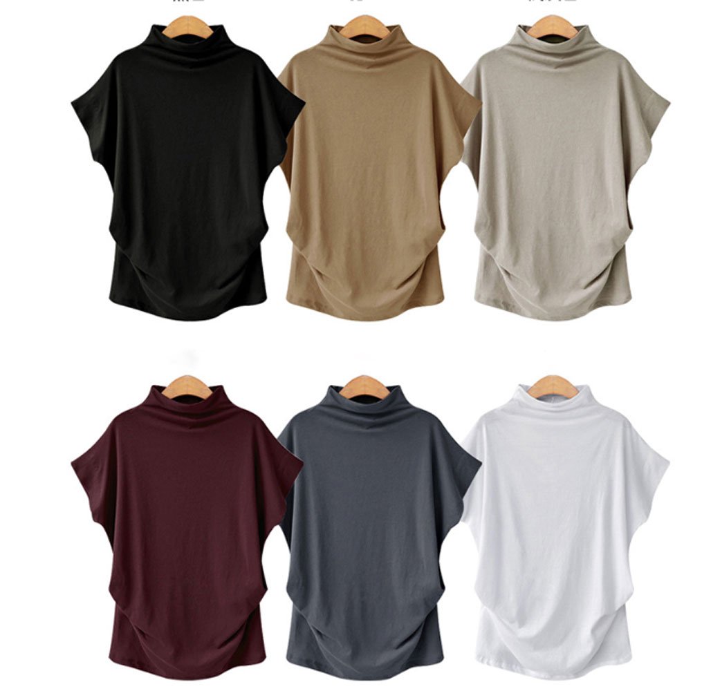 Pevor Women\'s Shirts Casual Blouse Short Sleeve High Neck Solid Color Fit Flare Tunic Tops Plus Size Dark Grey 2XL