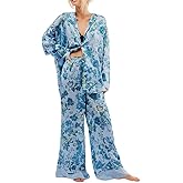 AINAC Women Satin Pajamas Set 2 Piece Western Cowgirl Silk Pjs Long Sleeve Floral Pjs Wide Leg Pants Button Down Loungewear