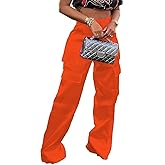 Yameay Satin Cargo Pants for Women High Waisted Multiple Pockets Wide Leg Trouser