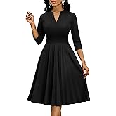 Nmoder Midi Dresses for Women, Cocktail Pleated Casual 3/4 Sleeve A-Line Church V Neck Elegant Dress