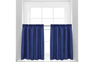 Valea Home Waffle Weave Textured Bathroom Window Curtains Water Repellent Short Curtains Window Covering Half Window Curtains Kitchen Tiers 36 inch Length, Navy Blue, Set of 2