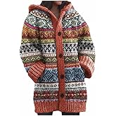 ACWUMU Women's Hooded Cardigan Colorful Pattern Knit Sweaters Graphic Print Hoodies Jackets with Pockets