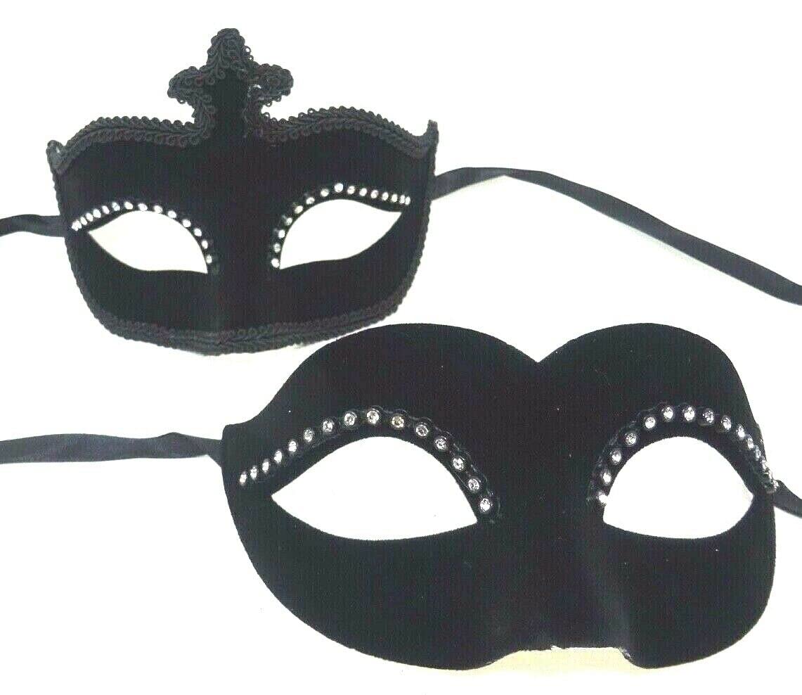 HIS N HERS PAIR OF BLACK VENETIAN MASQUERADE CARNIVAL THEATRICAL PARTY BALL FACE EYE MASKS