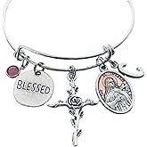 Saint Thérèse of the Little Flower Bracelet – Silver Charm Bangle with Crucifix, Blessed Tag & Birthstone – Catholic Jewelry Gift for Women – Patron Saint of Florists, Missionaries & Faith