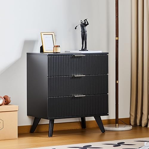 affeivul Mid Century Modern Dresser, 3 Drawer Dresser for Bedroom Wood, Small Nightstand with Drawers and Solid Wood Legs, Tall Side Table with Drawers for Living Room, Closet, Nursery (Black)