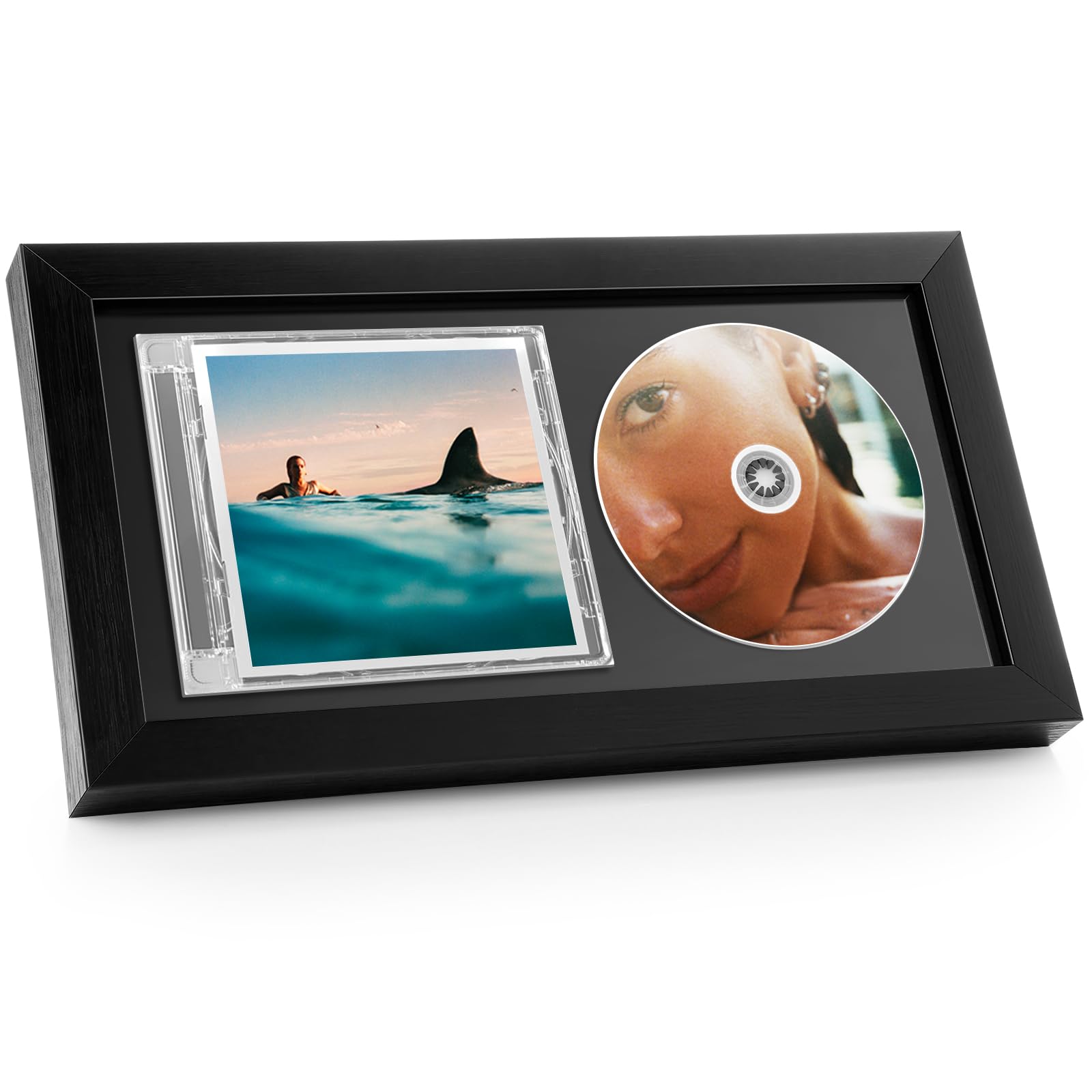 Photo 1 of Dunkive 1 Pc 13.7" x 7.5" CD Frame Display Case with Shatter-Resistant Glass, Double Groove Record Album Frame, Self Standing with Wall Hanger, Imitation Wood Polystyrene, Home Decor (Black)