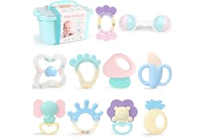 DOUBFIVSY Baby Rattle Teething Toys for Babies 0-6-12 Months, 10PCS Grab Spin Rattle Shaker Early Educational Toys with Storage Box, Soothing Teether, Baby Toys 6 to 12 Months Infant Newborn Baby Gift