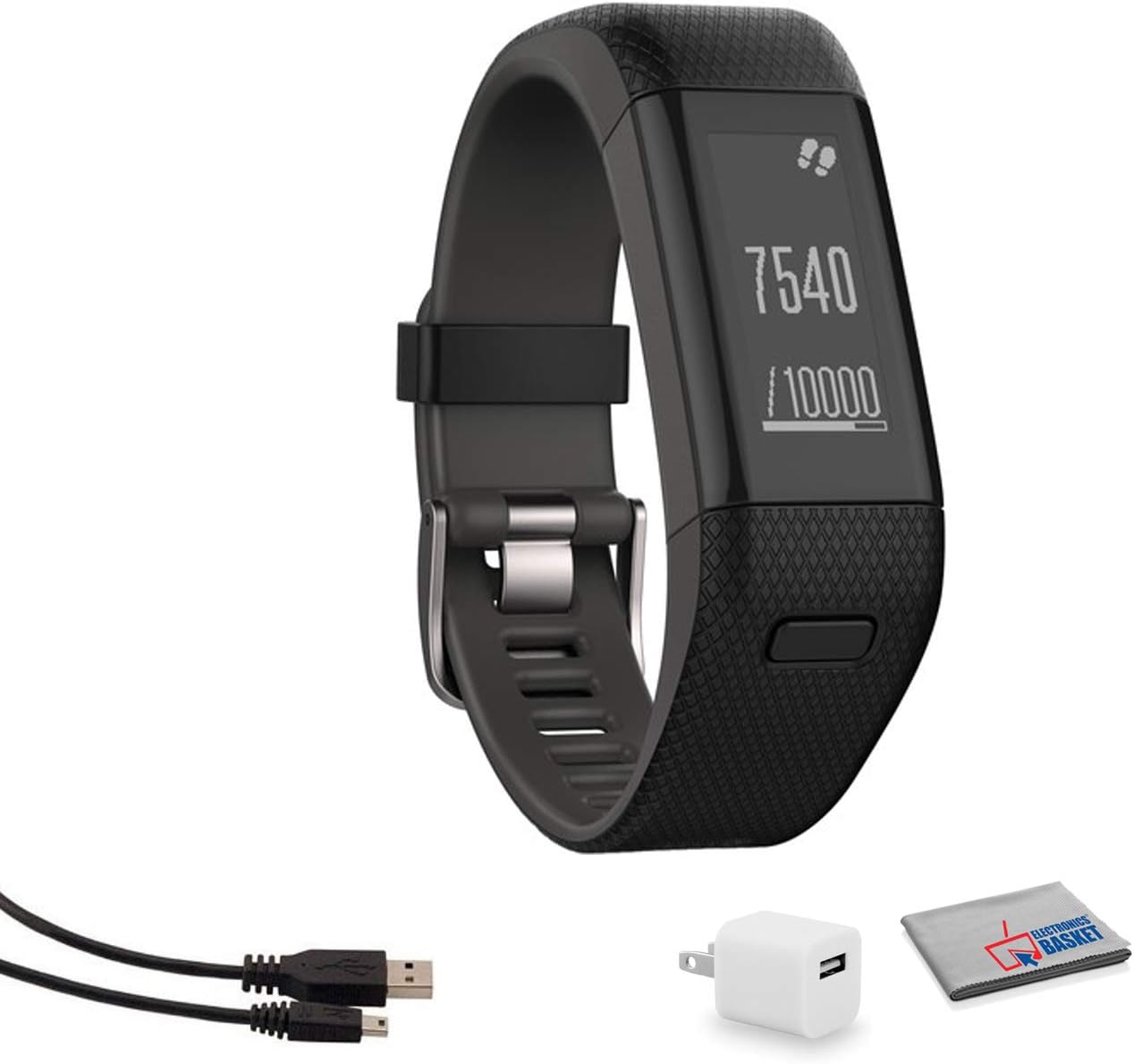 Garmin vivosmart HR+ Activity Tracker Wrist Band (Regular, Black/Shark Fin Gray) Bundle with USB Adapter