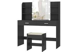 usikey Makeup Vanity with Mirror and 10 LED Lights, Vanity Makeup Table Set with 2 Drawers and Open Shelves, Makeup Vanity Desk Dressing Table with Cushioned Stool, Black