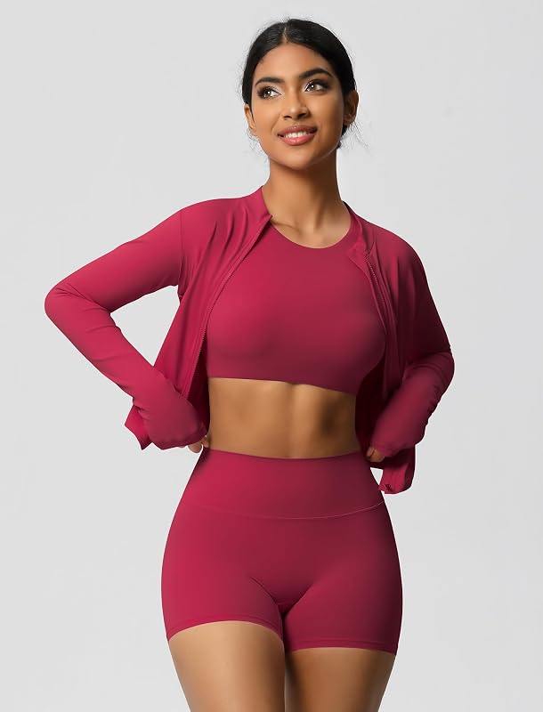 Conjunto deportivo para mujer de 3 piezas con chaqueta deportiva: conjunto de chaqueta de gimnasio + leggings cortos + camiseta sin mangas de manga corta con sujetador - ropa deportiva para