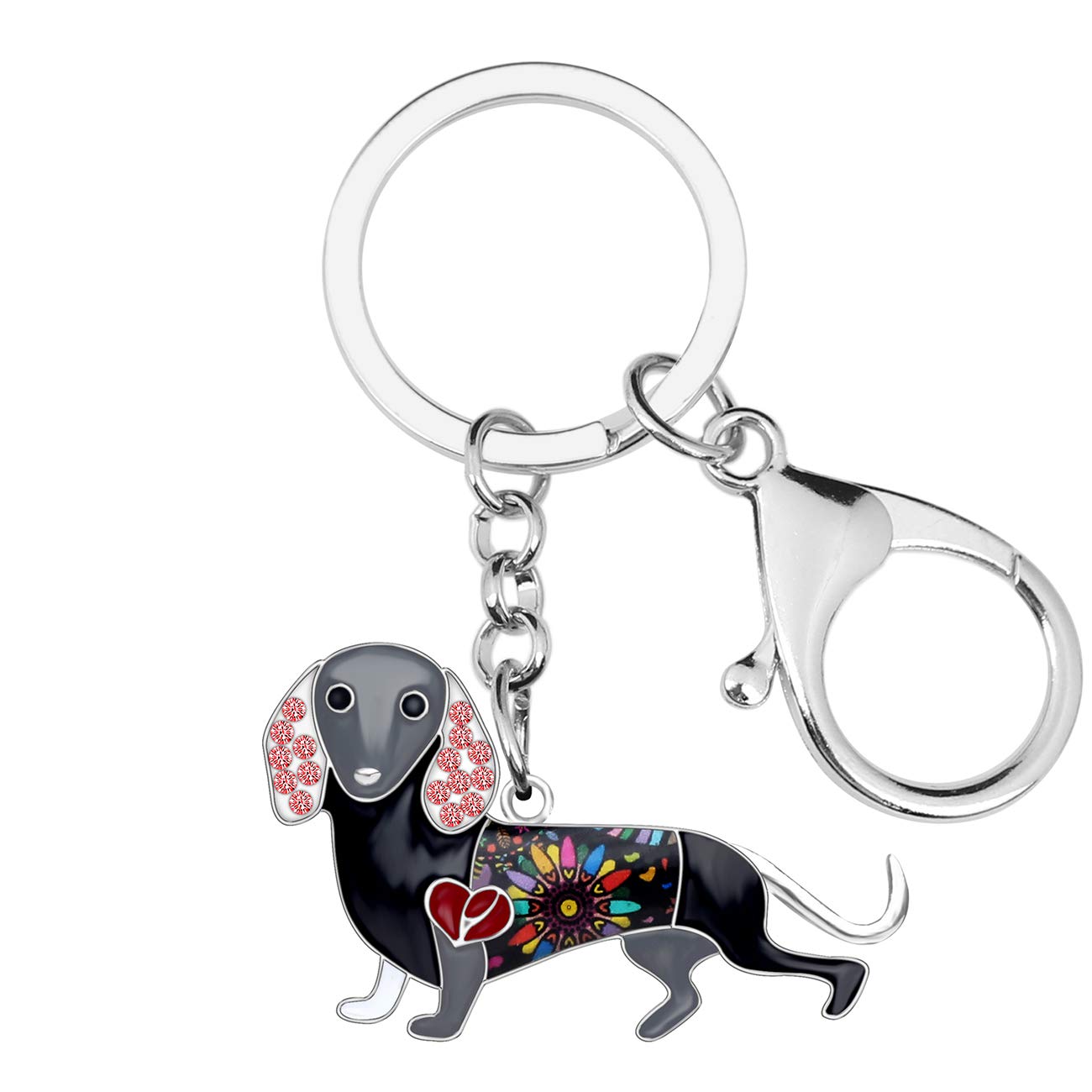 BONSNY Enamel Metal Heart Rhinestone Dachshund Dog Key Chains For Women Kids Car Purse bag Rings Charms Pets Gift (Black)