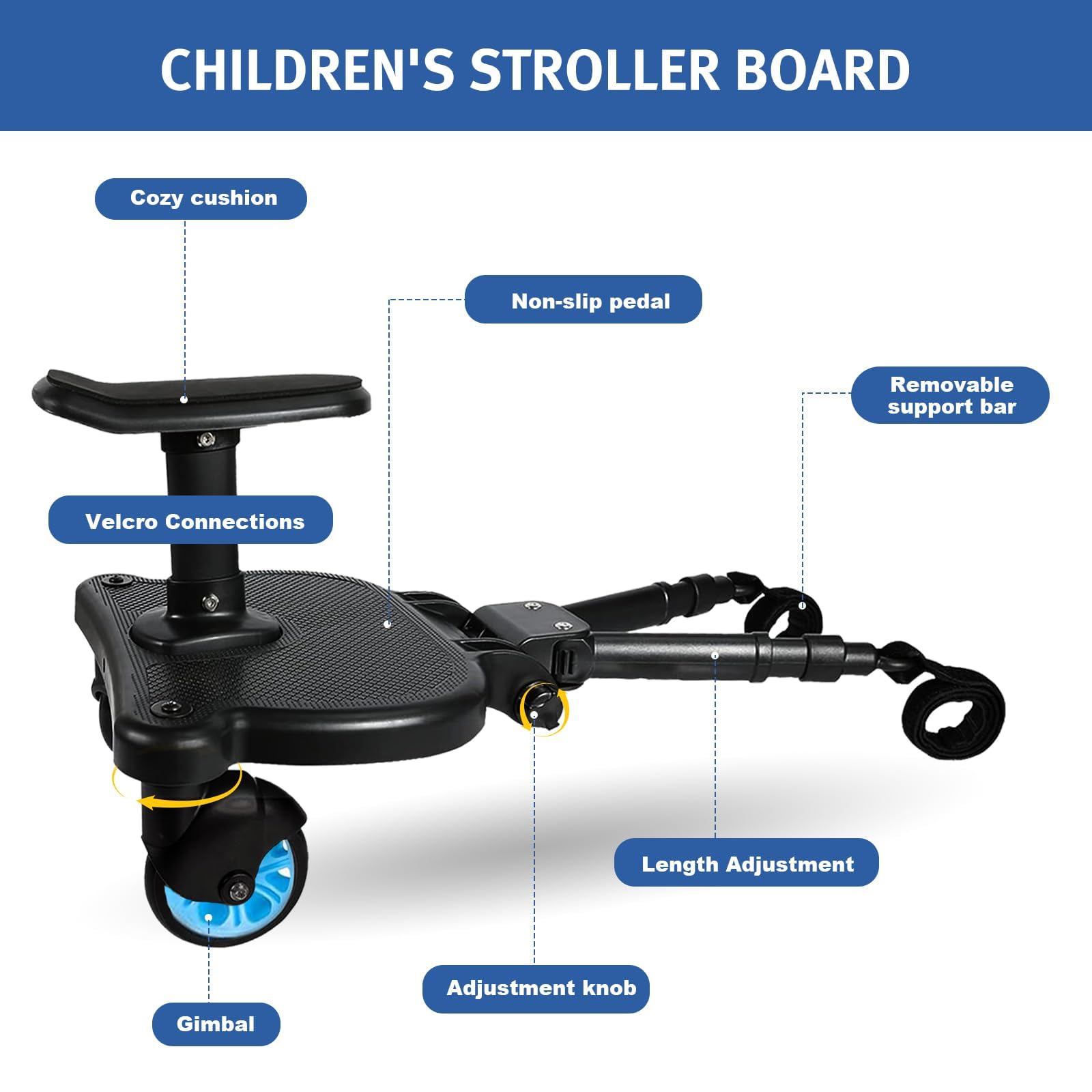 Universal Stroller Board with Detachable Seat - 2 in 1 Sit and Stand Stroller Standing Board for Most Brands of Strollers Holds Children up to 55lbs-Blue
