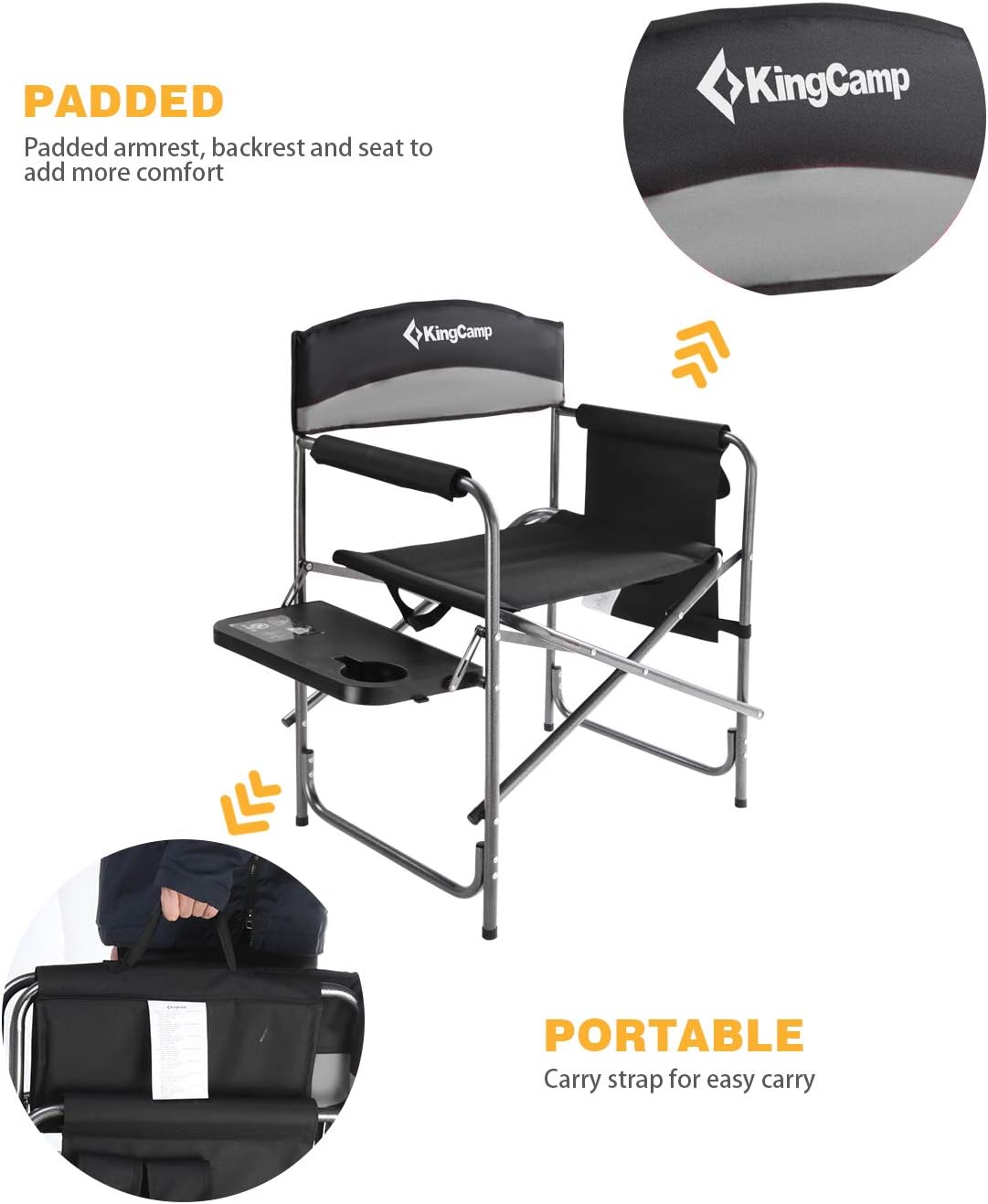KingCamp Heavy Duty Camping Folding Director Chair Oversize Padded Seat with Side Table and Side Pockets, Supports to 396 lbs (Black/Medium Grey-2 Pack) : Sports & Outdoors