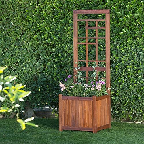 Rich Brown Finish Wood Outdoor Planter Box with Trellis Outdoor Patio Planter Gardening Decor