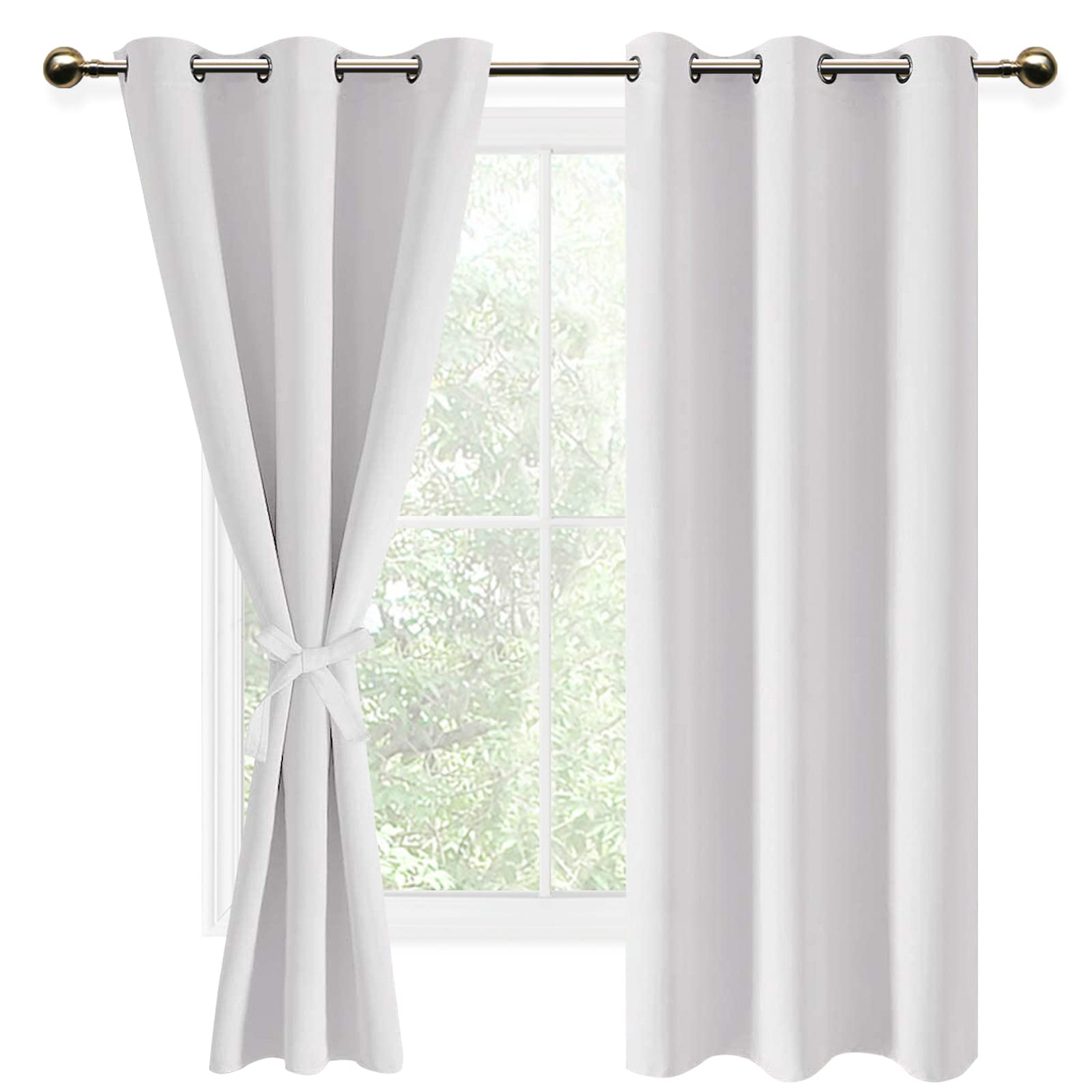 DWCN Greyish White Blackout Curtains with Tiebacks for Bedroom Thermal Insulated Solid Eyelet Curtains for Living Room,2 Panels,46" Wide x 72" Drop