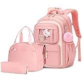 Amythe Girls Backpack with Lunch Box 3Pcs, Kawaii School Bag Set for Kid Elementary Middle School, Multi-Pocket Cute Laptop Bookbag Lightweight, Pink