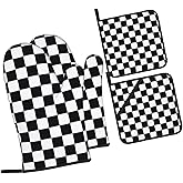 Checkered Black and White Plaid Oven Mitts and Pot Holders Set of 4,Heat Resistant Non-Slip Potholders Oven Gloves and Pad for Kitchen Cooking Baking Grilling BBQ