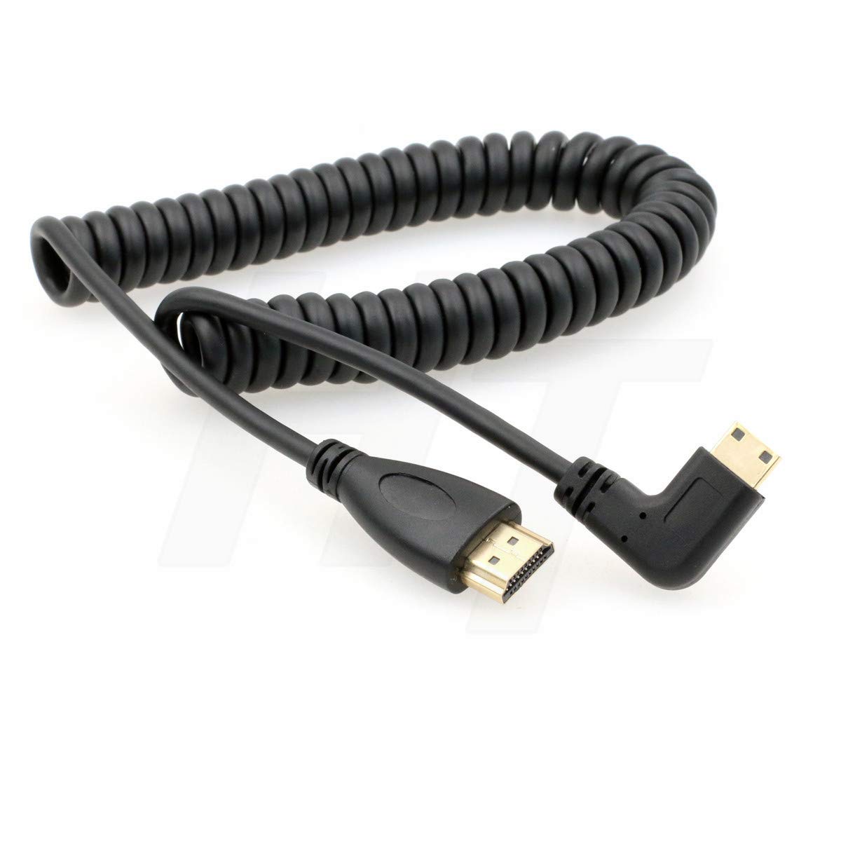 HangTon Left Angled 90 Degree Mini HDMI to HDMI HDTV Spiral Cable for Cell Phone Tablet Laptop DV Camera Computer Monitor 4ft